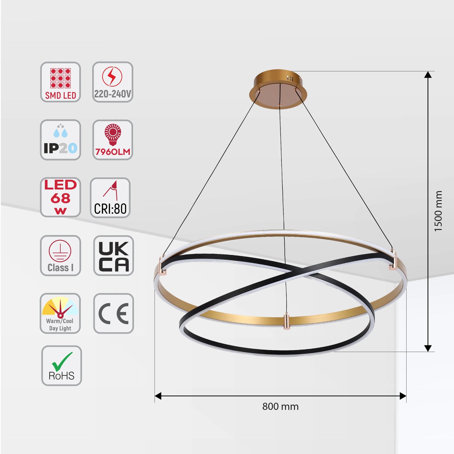 Lámpara Colgante LED Moderna de Aros en Negro y Dorado