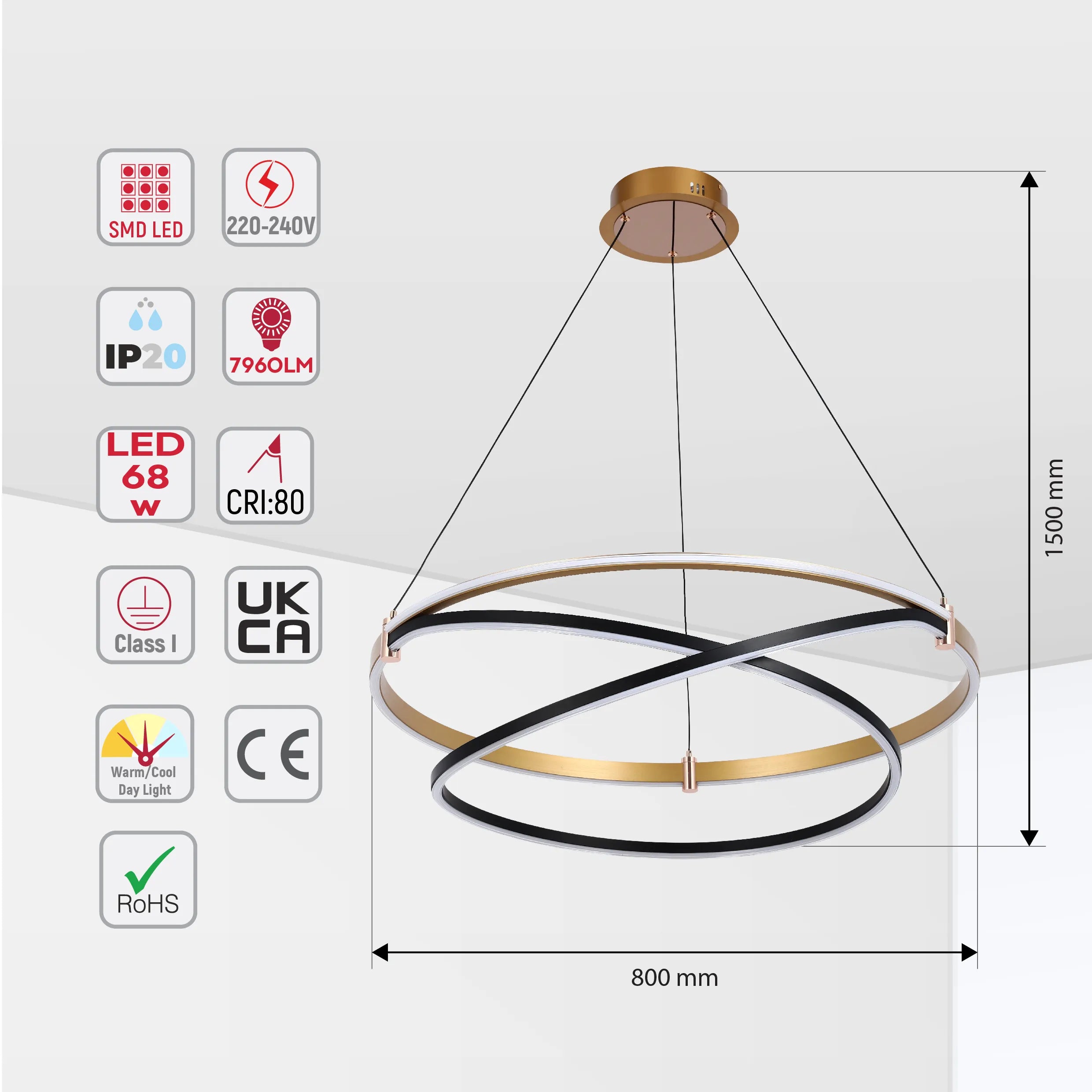 Lámpara Colgante LED Moderna de Aros en Negro y Dorado