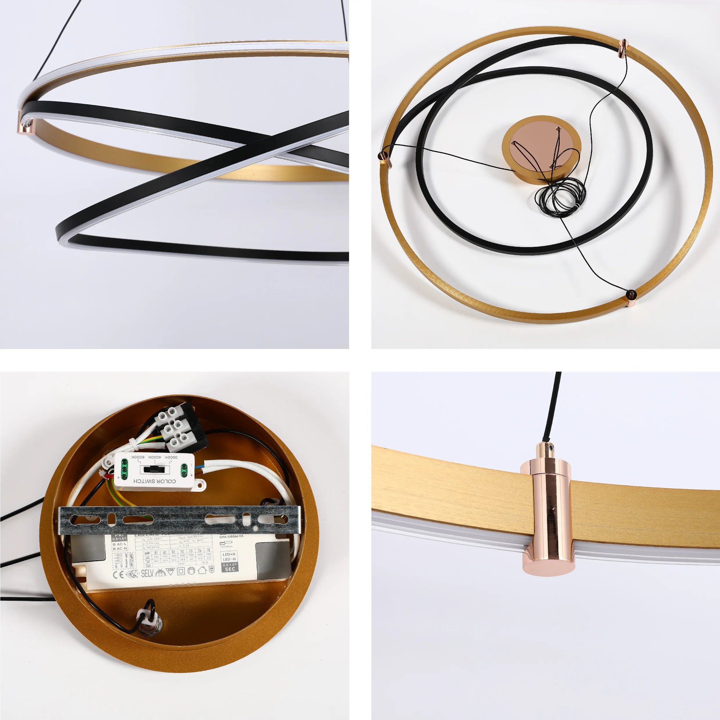 Lámpara Colgante LED Moderna de Aros en Negro y Dorado