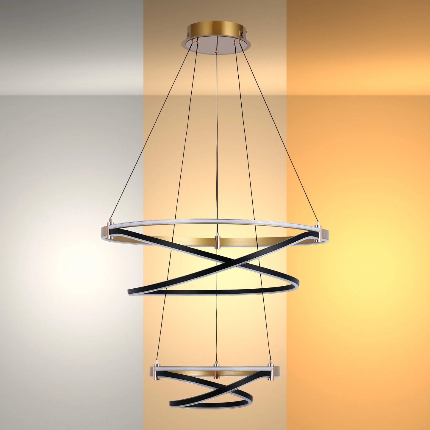 Lámpara Colgante LED Moderna de Aros en Negro y Dorado