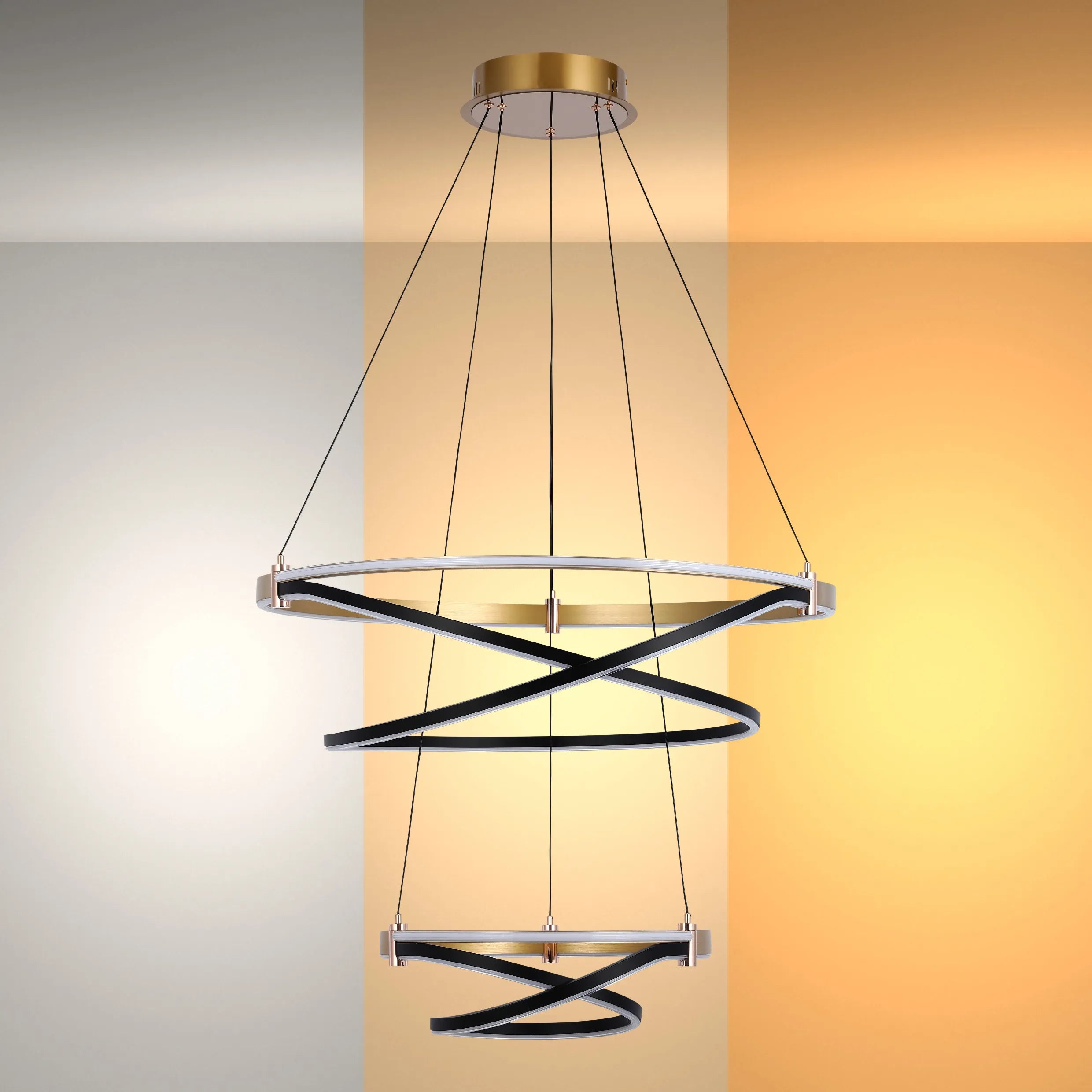 Lámpara Colgante LED Moderna de Aros en Negro y Dorado