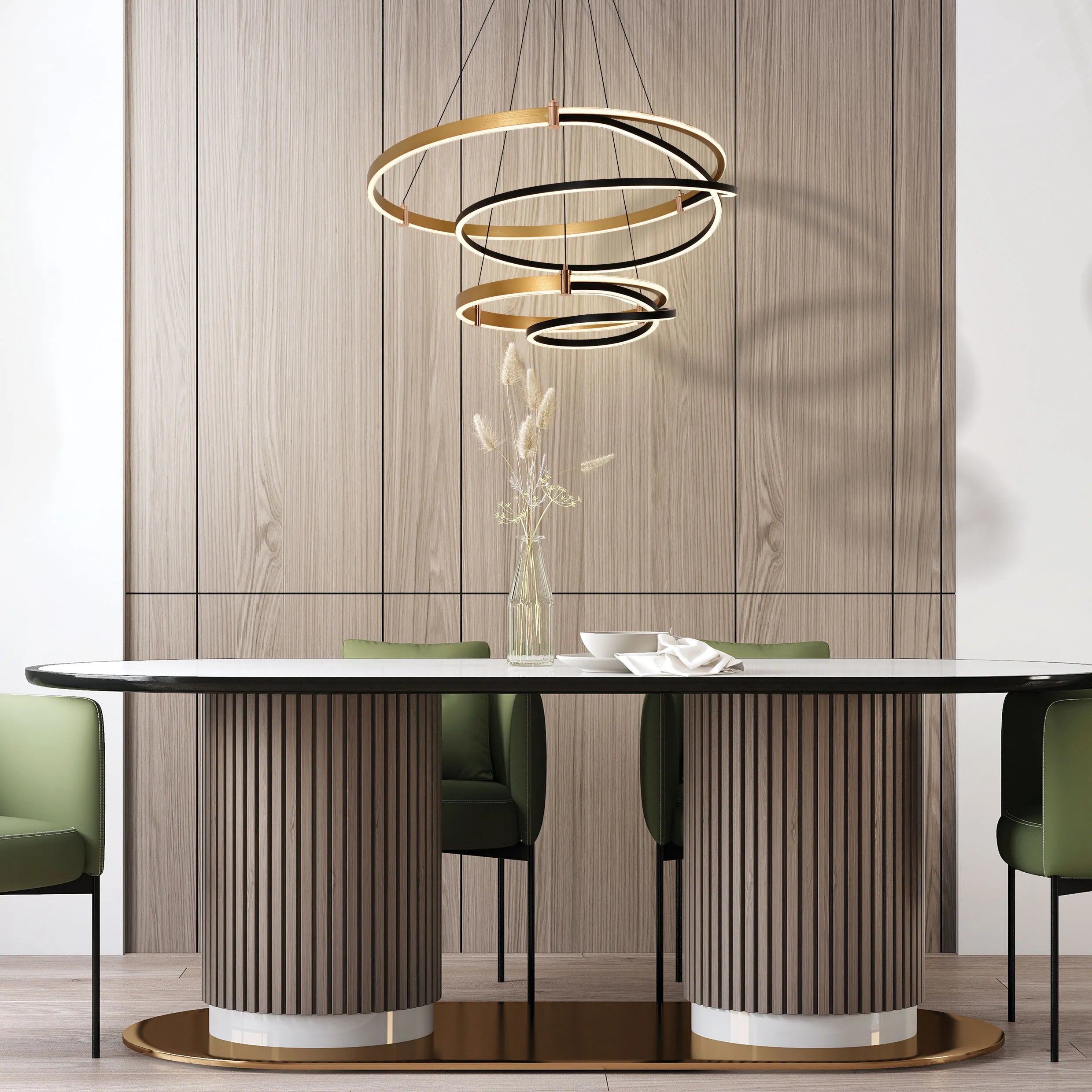 Lámpara Colgante LED Moderna de Aros en Negro y Dorado
