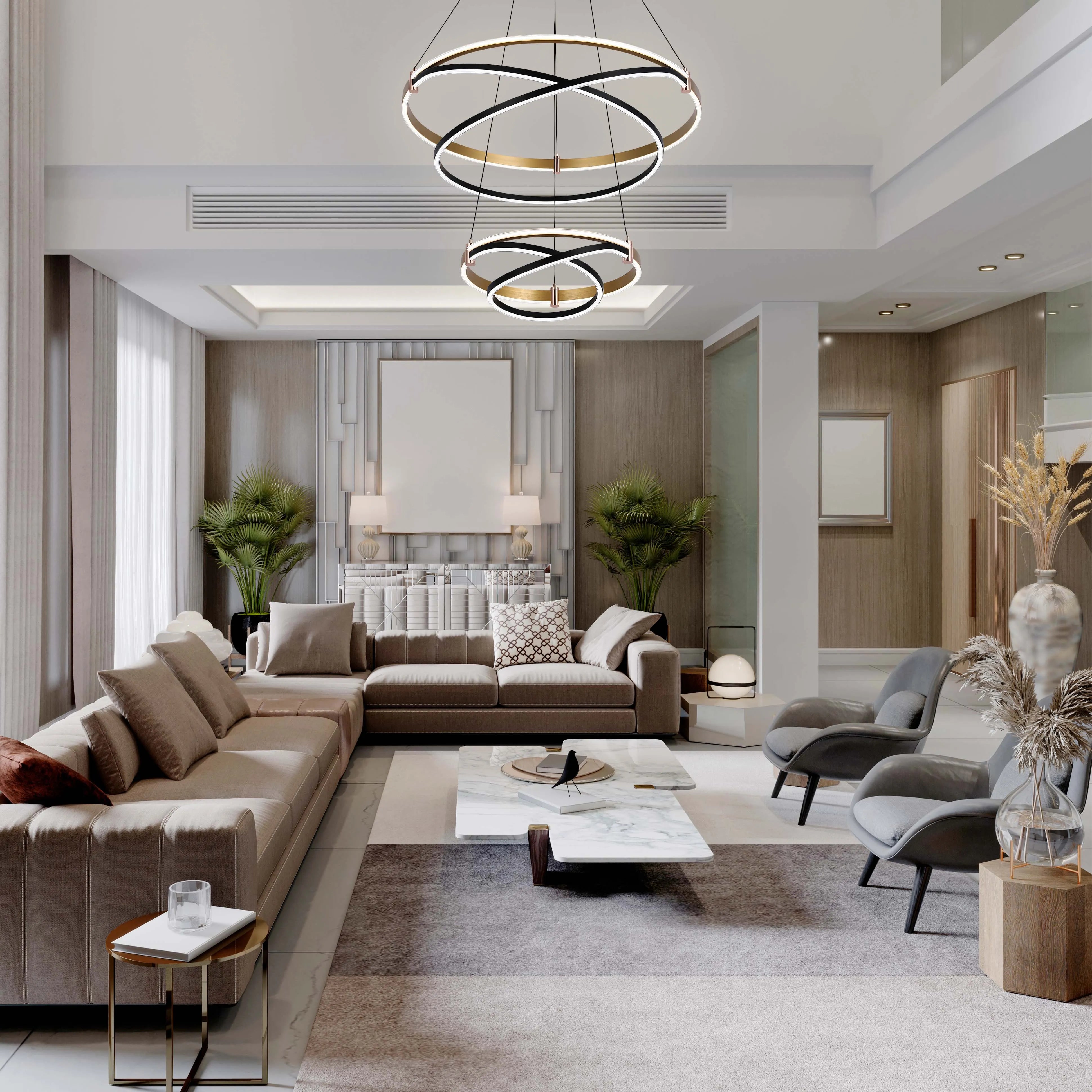 Lámpara Colgante LED Moderna de Aros en Negro y Dorado