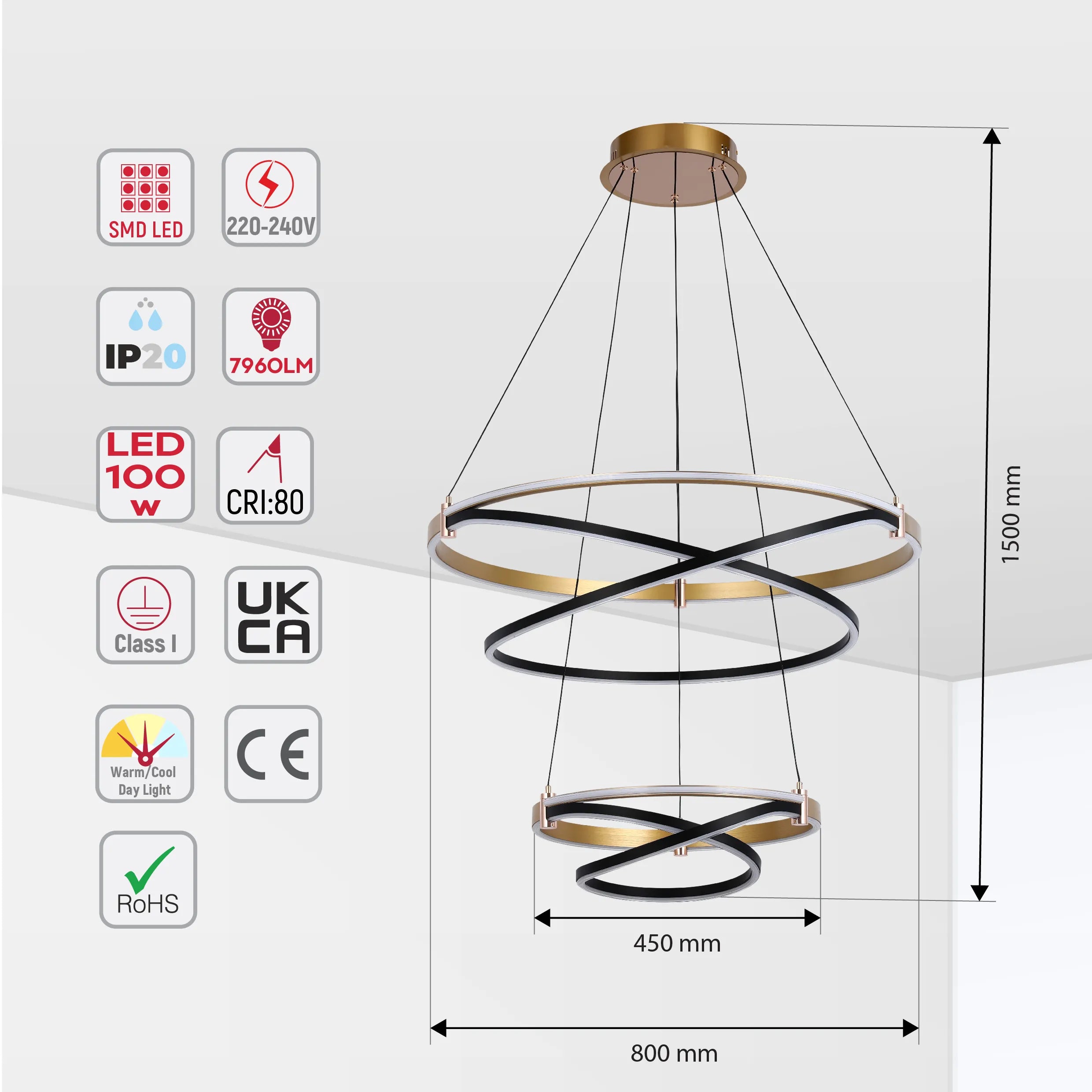 Lámpara Colgante LED Moderna de Aros en Negro y Dorado