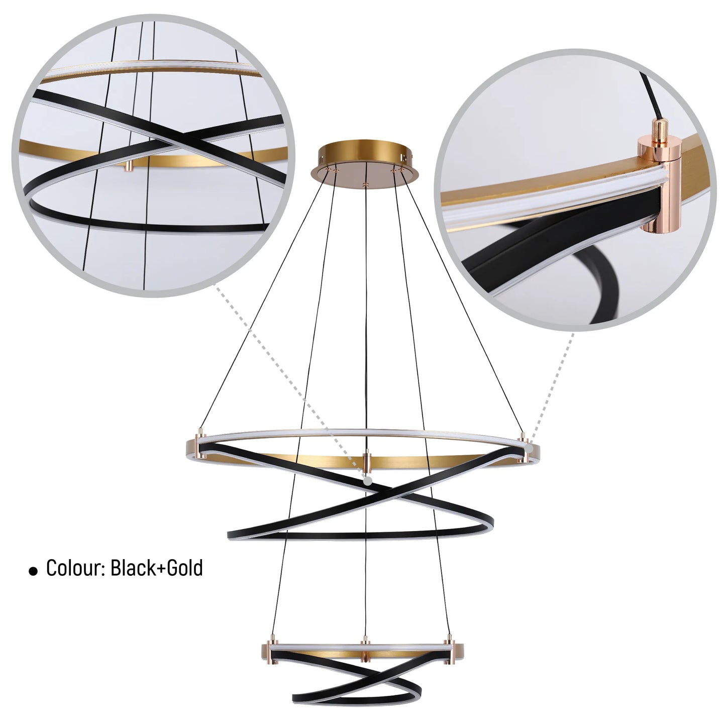 Lámpara Colgante LED Moderna de Aros en Negro y Dorado