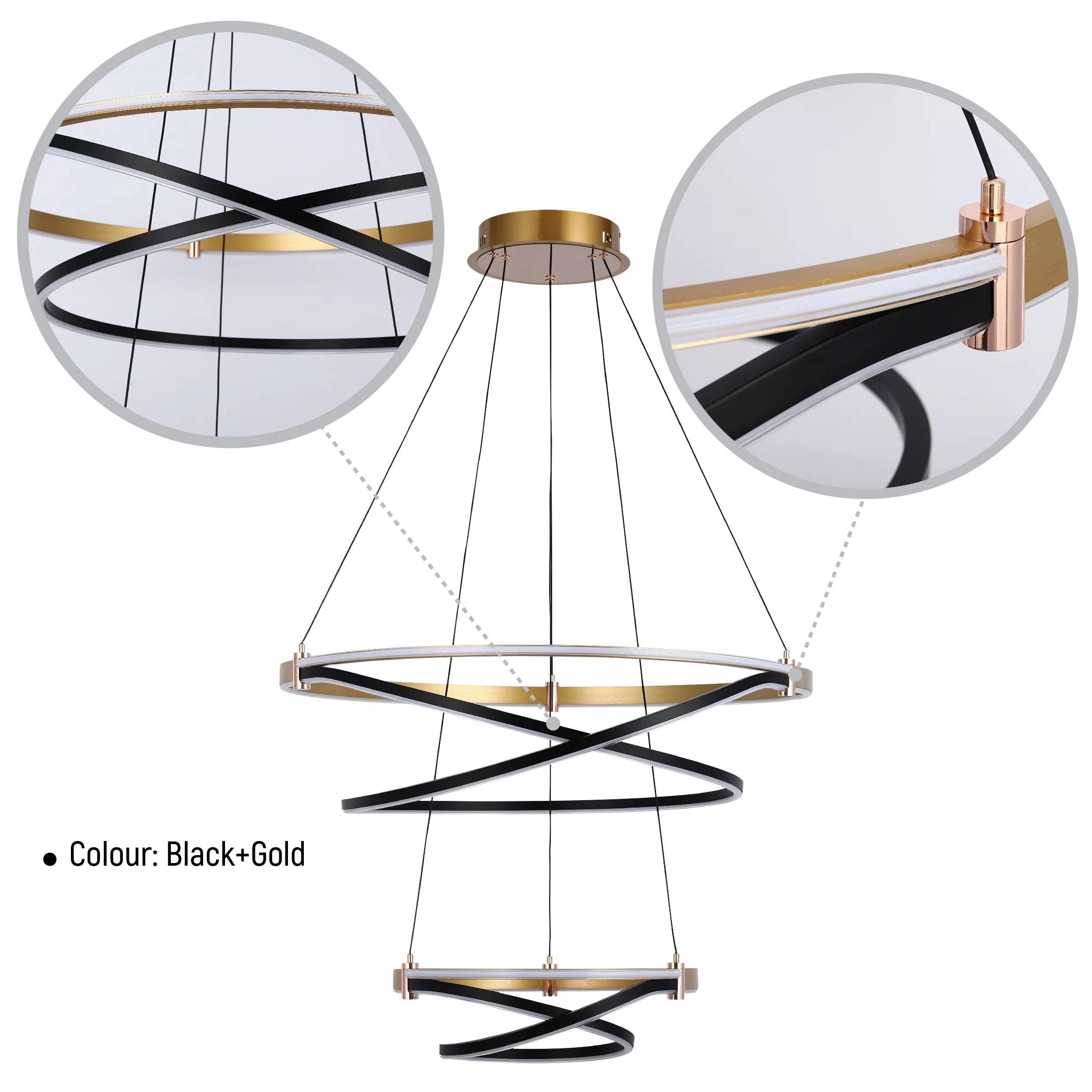 Lámpara Colgante LED Moderna de Aros en Negro y Dorado