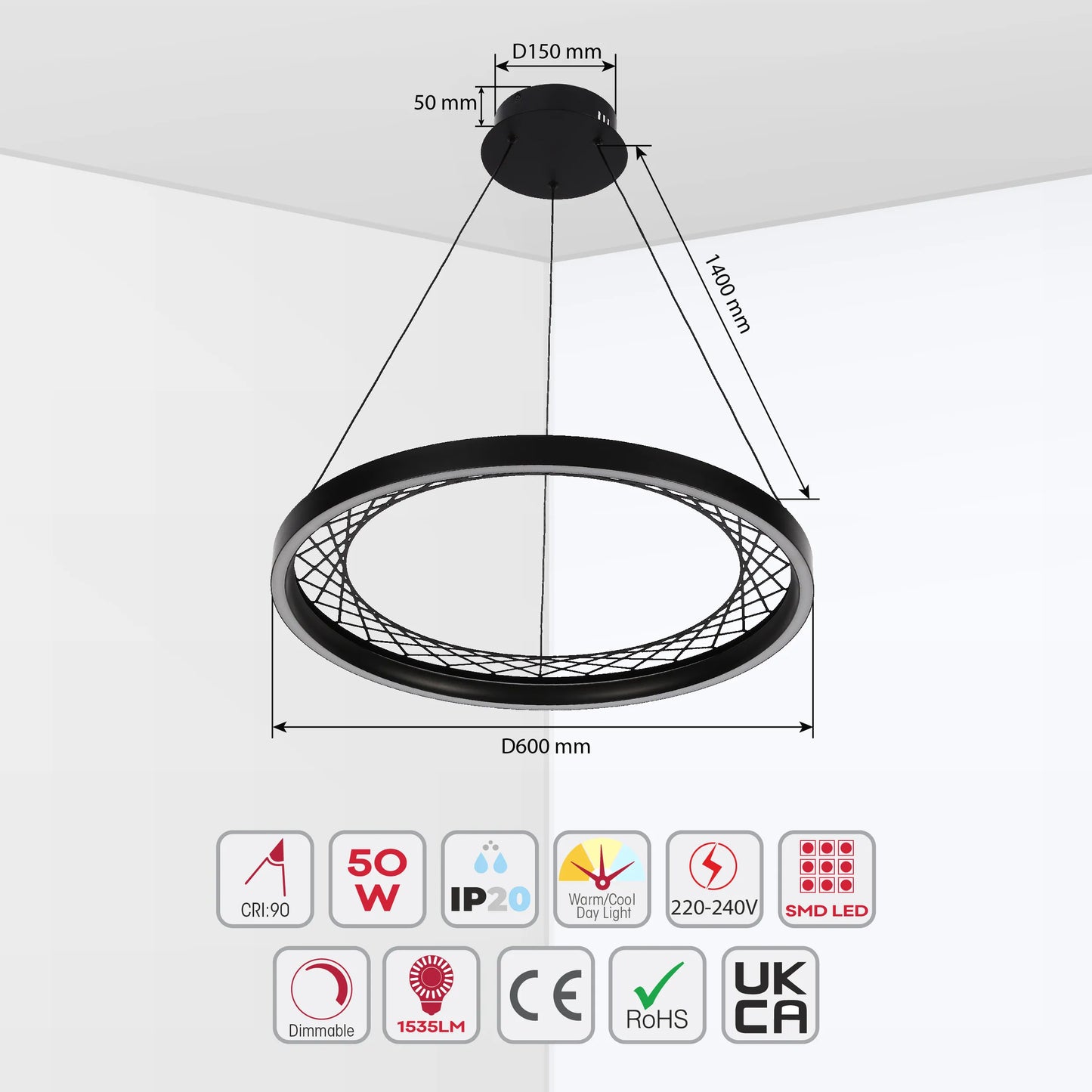 Lámpara Colgante Circular Negra con Diseño de Celosía - Opciones de Uno y Dos Aros