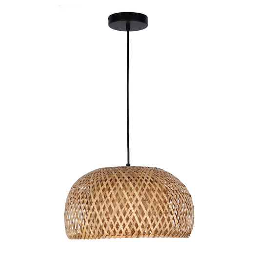 Lámpara Colgante de Bambú Tejido Negro y Natural en Forma de Cúpula - E27, Suspensión Ajustable