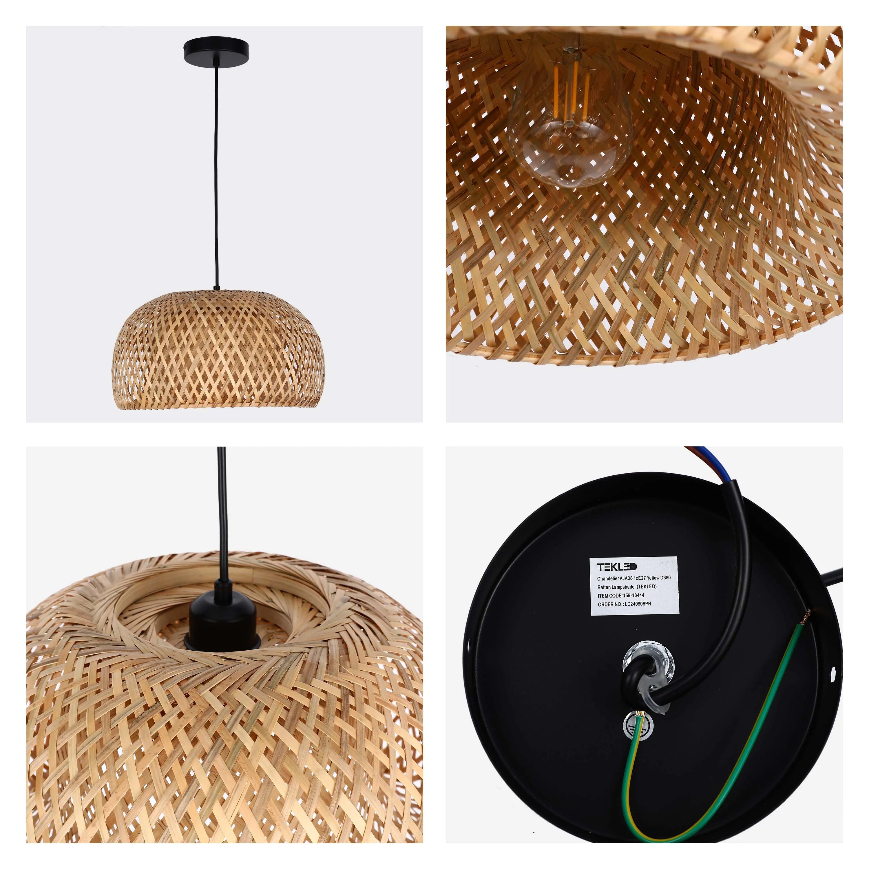 Lámpara Colgante de Bambú Tejido Negro y Natural en Forma de Cúpula - E27, Suspensión Ajustable