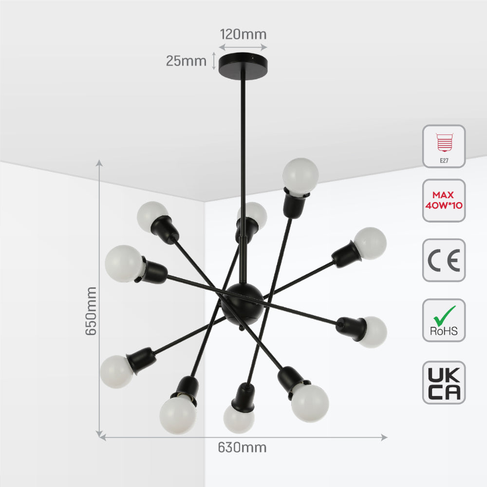 Lampara decorativa, Modelo 8610-10 10xE27 BLACK METAL (TEKLED)1sht