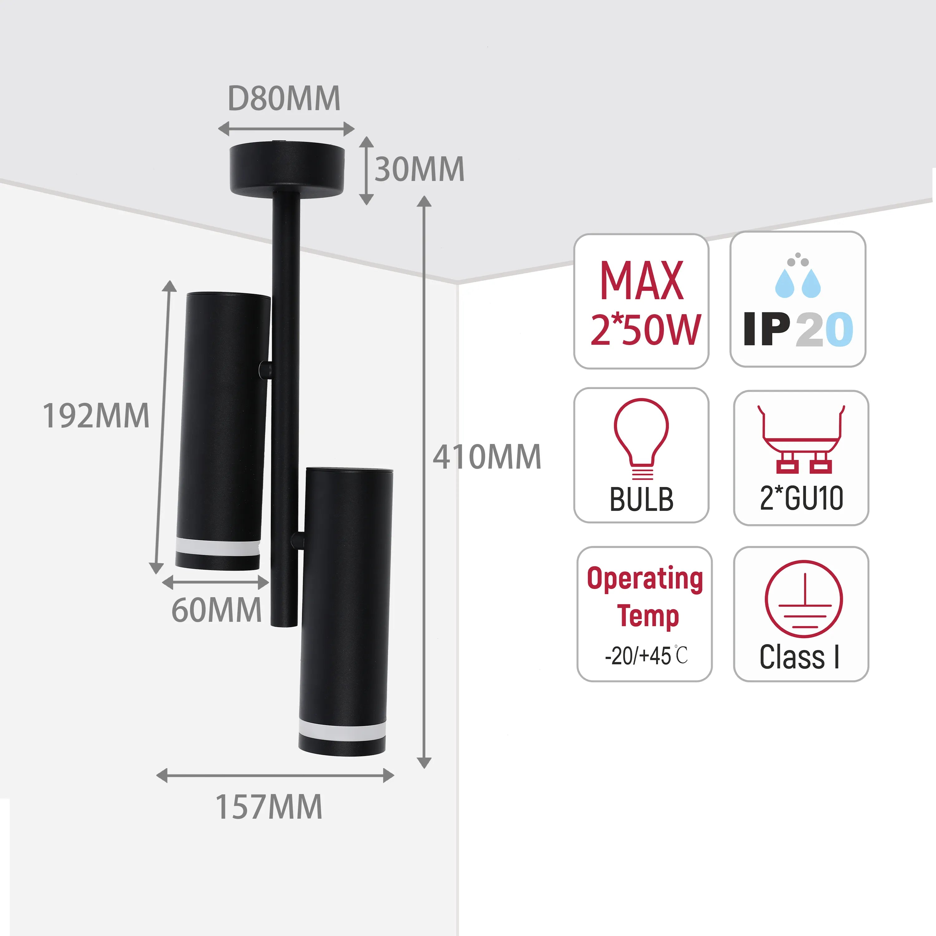 Lámpara de techo con focos gemelos en negro y blanco, portalámparas GU10