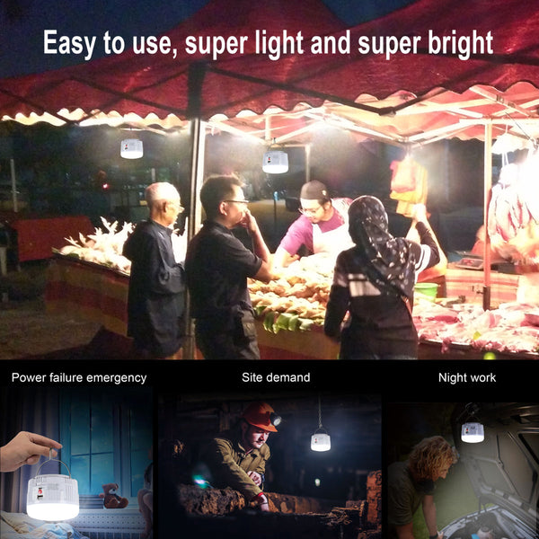 Lámpara de emergencia recargable solar, ideal para exteriores y camping, con diseño portátil y luz diurna brillante.