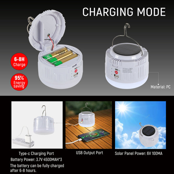 Lámpara de emergencia recargable solar, perfecta para exteriores y camping, con diseño portátil y luz blanca fría para iluminación eficiente.