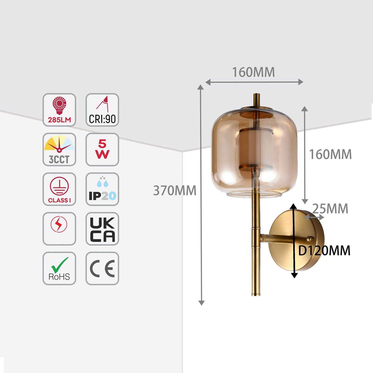 Lámpara de pared de bronce con pantalla de vidrio ámbar o ahumado