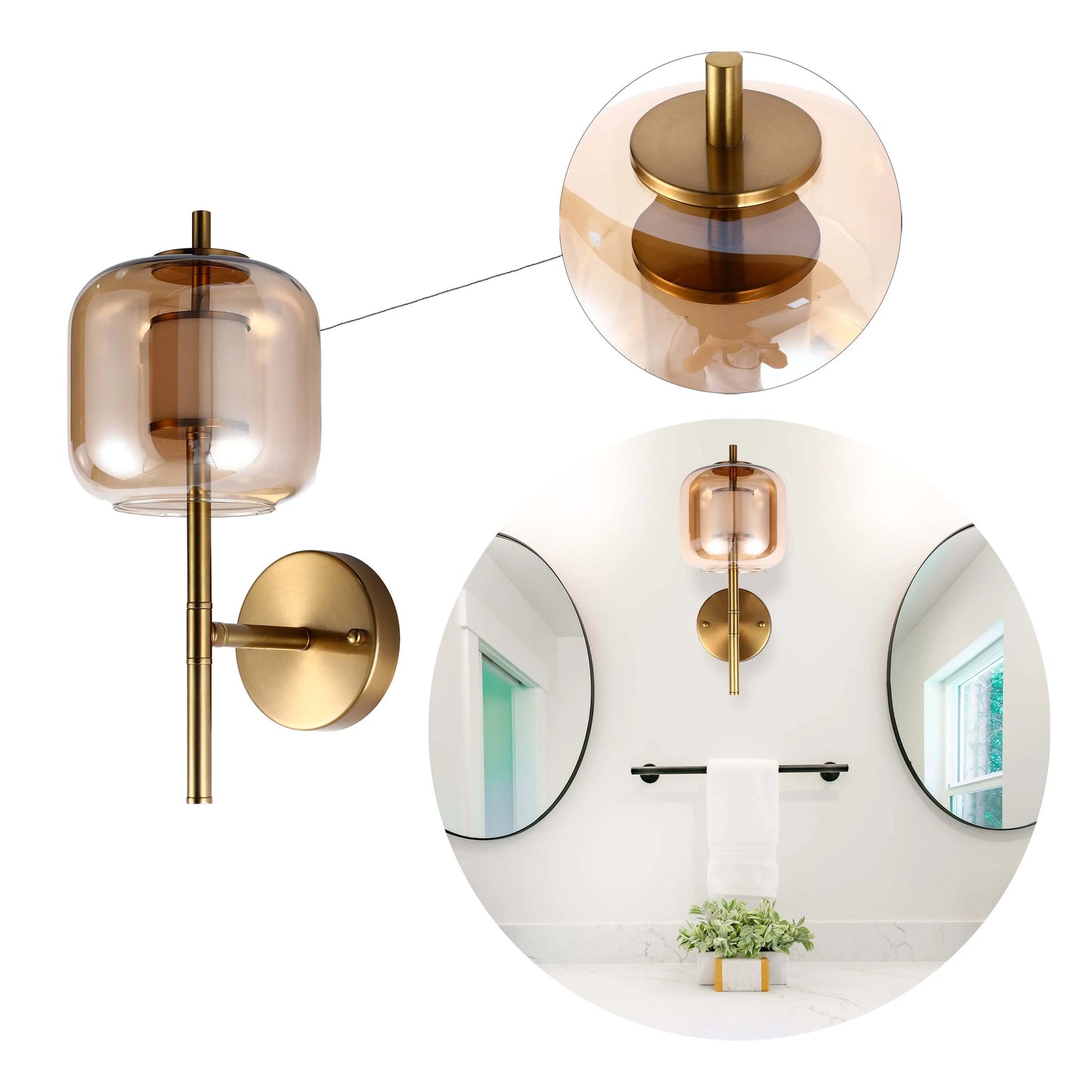 Lámpara de pared de bronce con pantalla de vidrio ámbar o ahumado