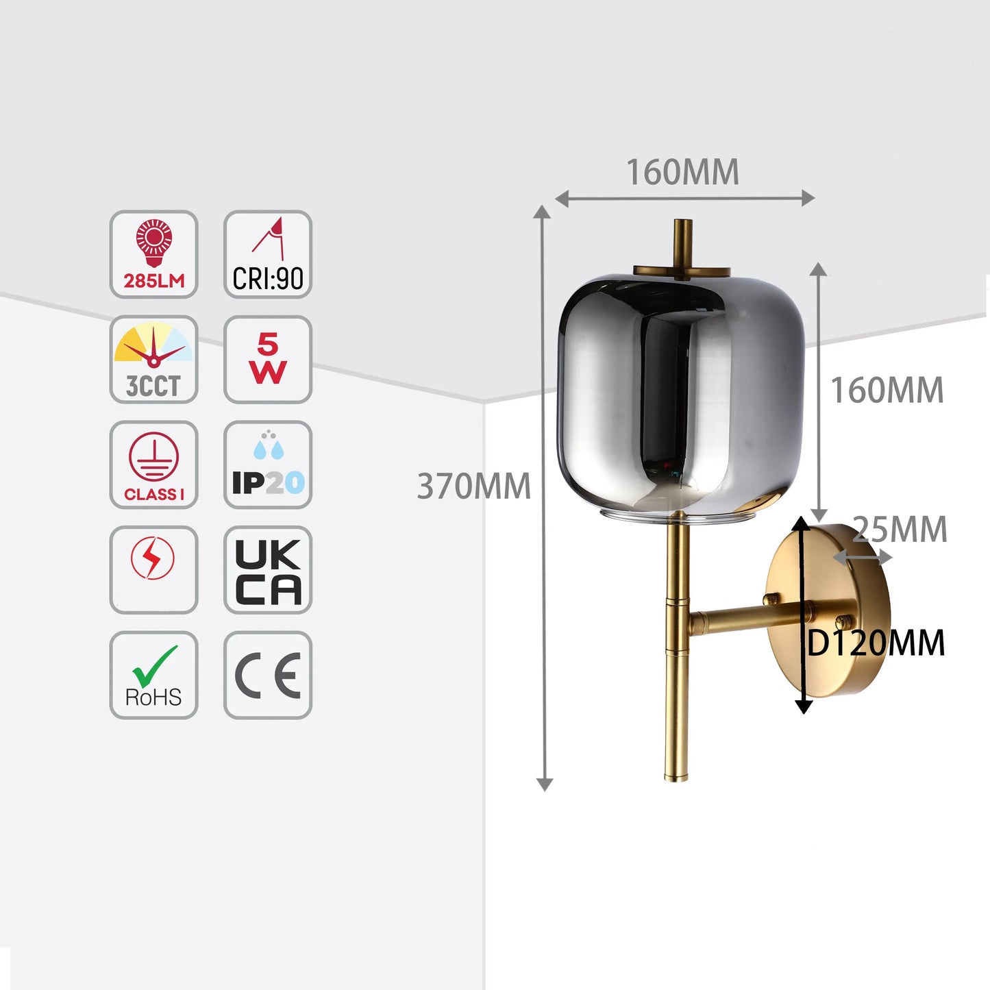 Lámpara de pared de bronce con pantalla de vidrio ámbar o ahumado