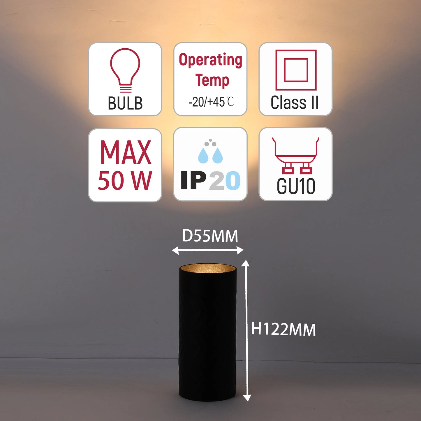 Downlight Chevron GU10 – Cilindro empotrado de 122 mm, regulable, máximo 50W