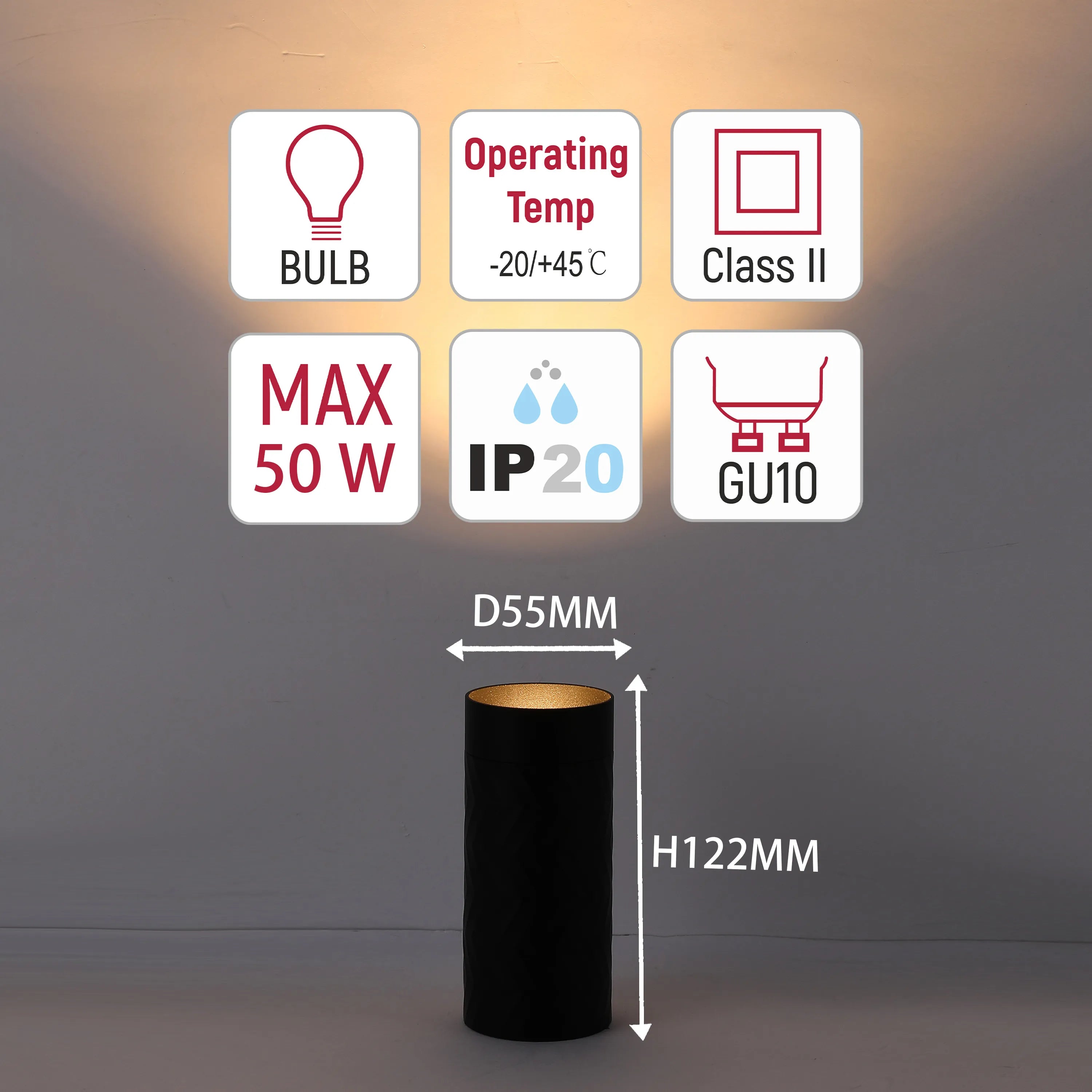 Downlight Chevron GU10 – Cilindro empotrado de 122 mm, regulable, máximo 50W