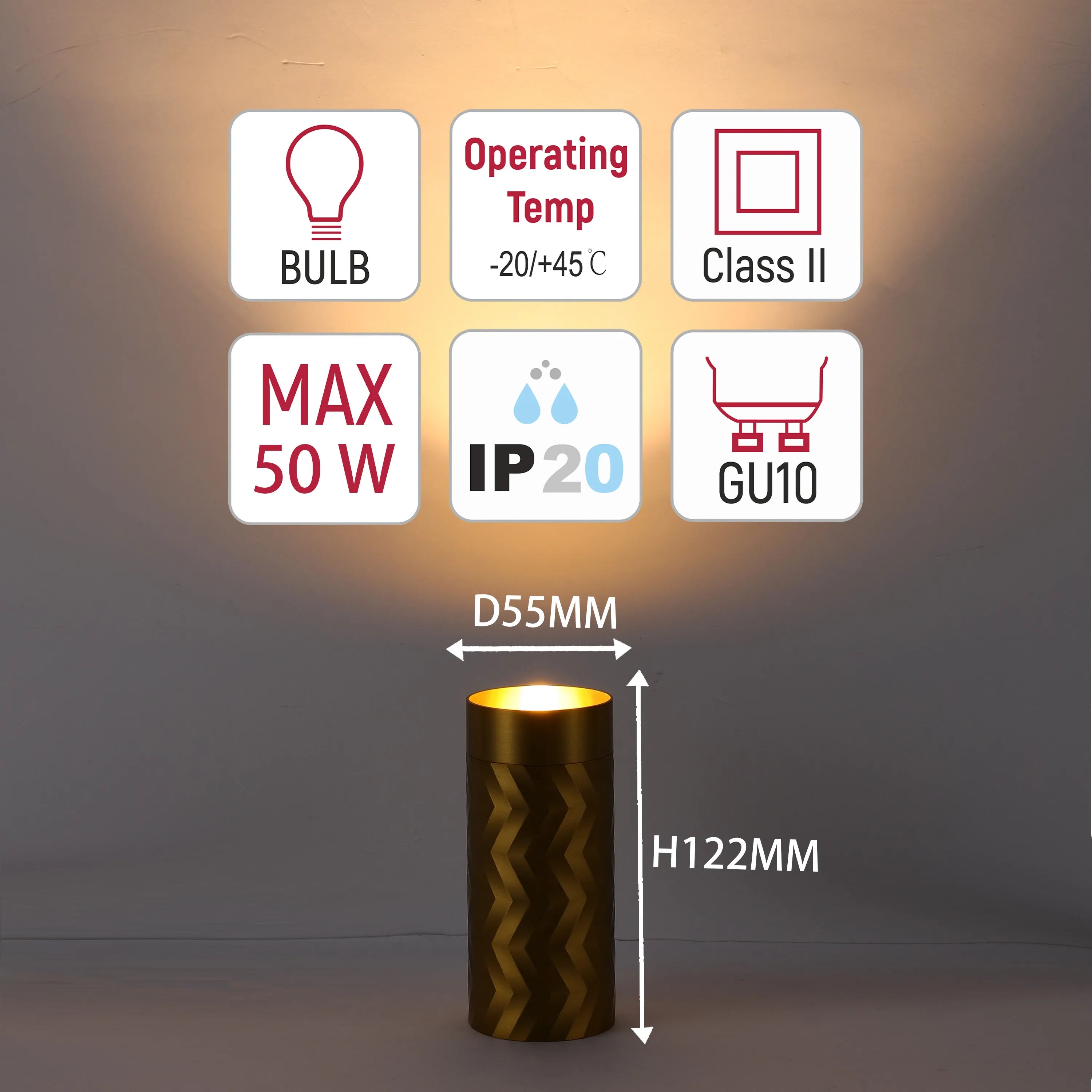 Downlight Chevron GU10 – Cilindro empotrado de 122 mm, regulable, máximo 50W