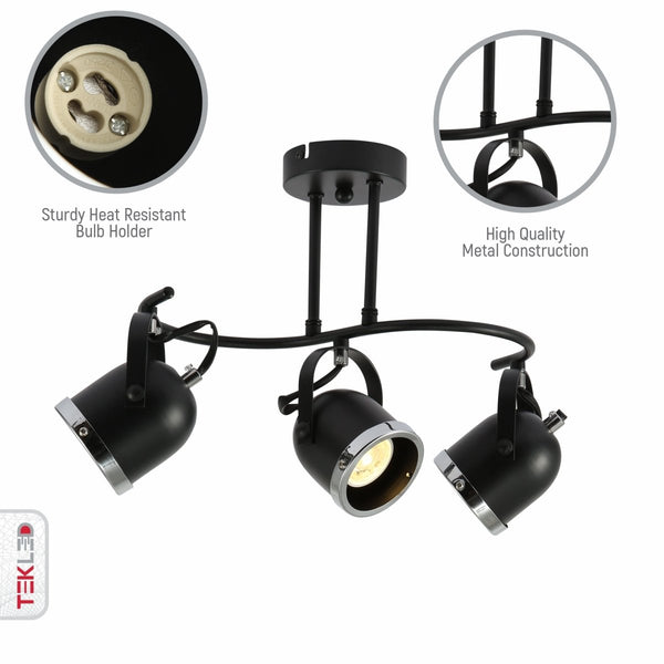 Planos detallados del Spotlight 3 vías Negro y Cromo en forma S con base GU10 | TEKLED 172-03106