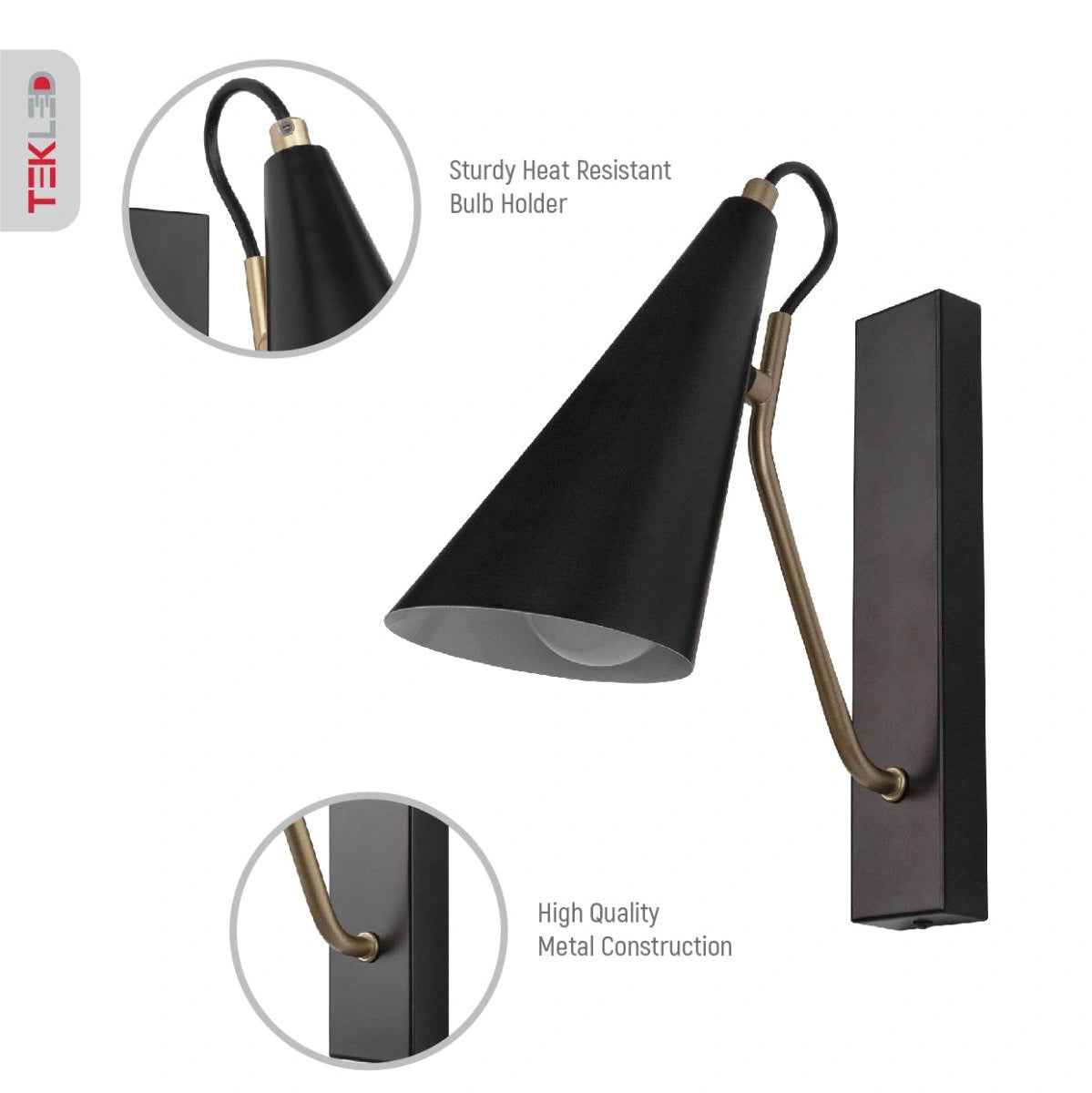 Close up shots of Black Metal Cone Wall Light with E27 Fitting | TEKLED 151-19648