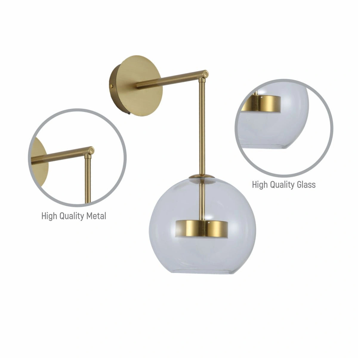 Close up shots of Clear Globe Glass Gold L-Shape Metal Cool Natural White 12W LED Wall Light | TEKLED 151-19744