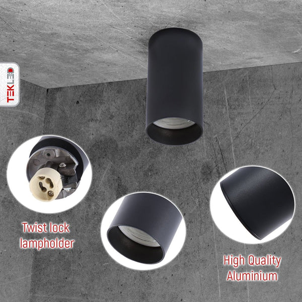 Imágenes de primer plano del Downlight Cilíndrico Negro de Montaje en Superficie con Fijación GU10 | TEKLED 172-03020