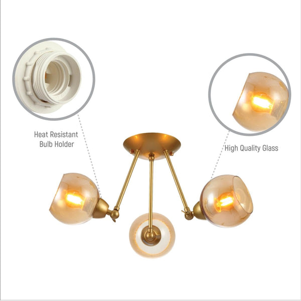 Close up shots of Gold Hinged Metal Amber Dome Glass Ceiling Light with E27 Fittings | TEKLED 159-17648