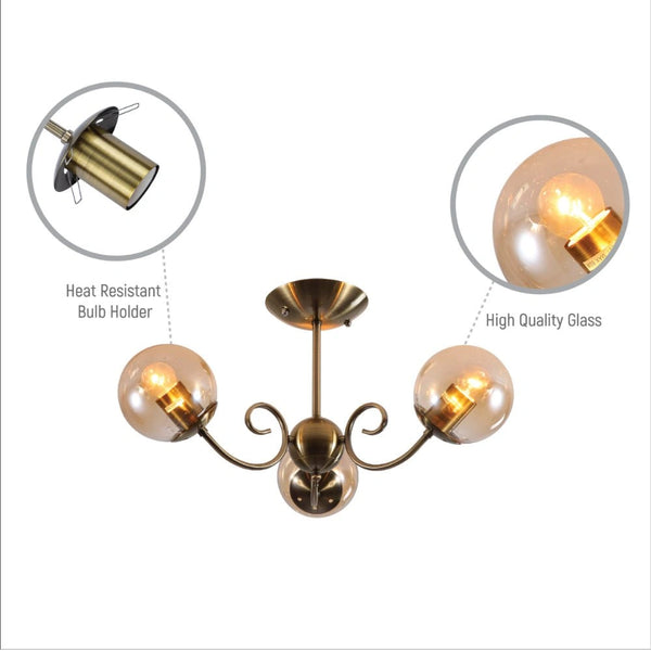 Close up shots of Amber Globe Glass Antique Brass Metal Body Vintage Retro Crystal Ceiling Light with E27 Fittings | TEKLED 159-17772