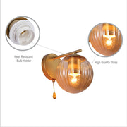 Close up shots of Amber Reeded Globe Gold Wall Light E27 Pull Down Switch | TEKLED 151-19790