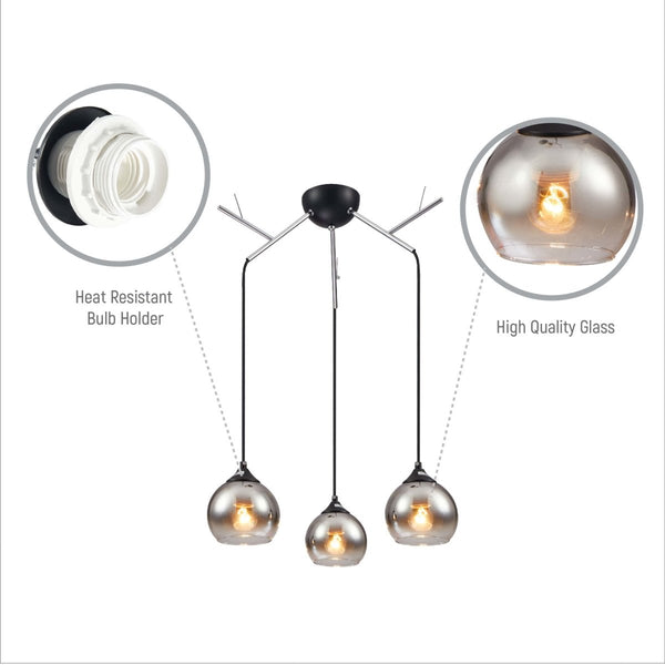 Close up of Smoky Dome Glass Chrome Twig Modern Ceiling Light | TEKLED 159-17598