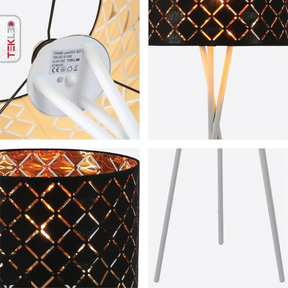 Detailed photo of tripod white drum floor lamp with e27 fitting