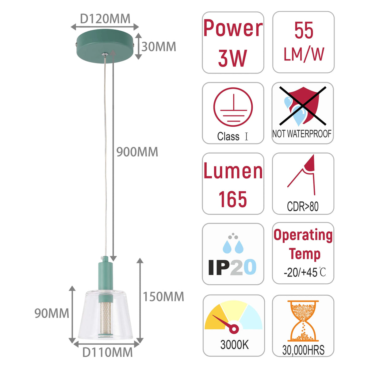 Lámpara LED Lampara Colgante J wattsD0344-1B Green 3 watts 3000K
