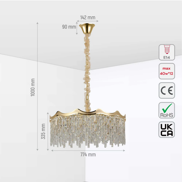 Size and tech specs of Crown Crystal Chandelier Ceiling Light | TEKLED 159-18096