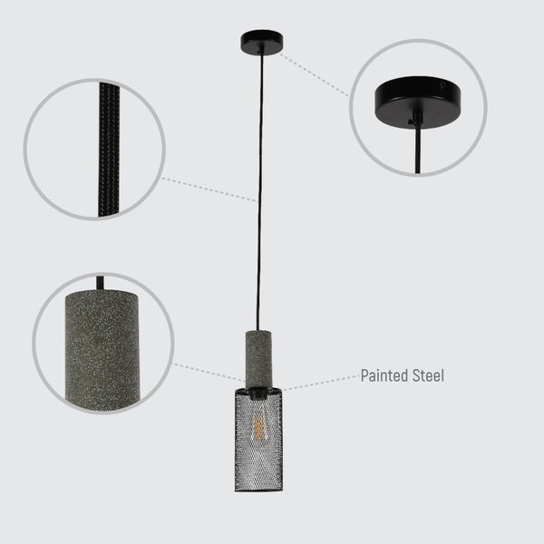 Luz colgante de concreto texturizado con sombra metálica, perfecta para comedores de estilo industrial.