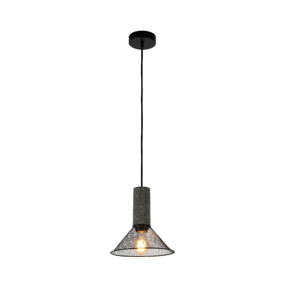 Conjunto de cuatro lámparas colgantes de concreto texturizado con pantallas metálicas, ideal para cocinas de estilo industrial.