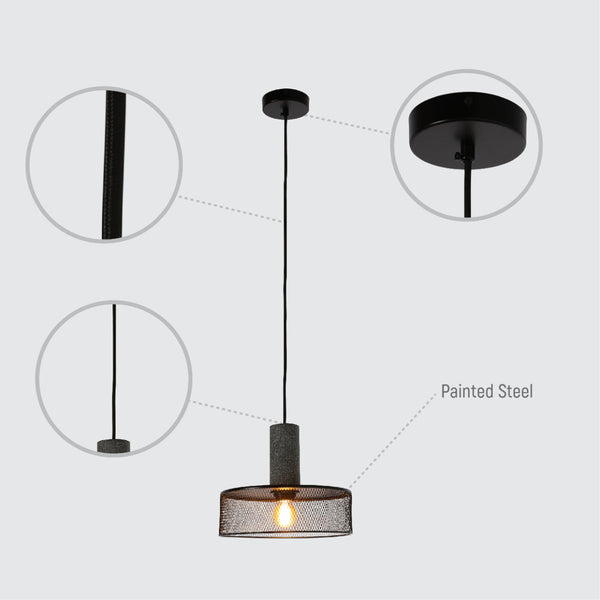 Conjunto de cuatro lámparas de suspensión de hormigón texturizado, ideales para cocinas modernas con un estilo industrial.