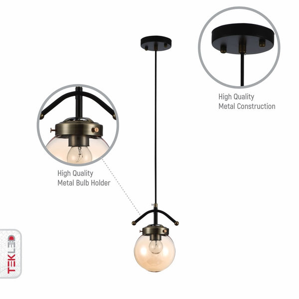 Features of amber glass globe black and antique brass pendant light e27
