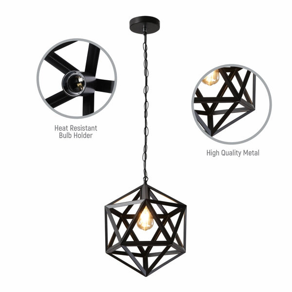 Close up shots of Black Metal Cage Polyhedral Pendant Ceiling Light with E27 | TEKLED 150-17834