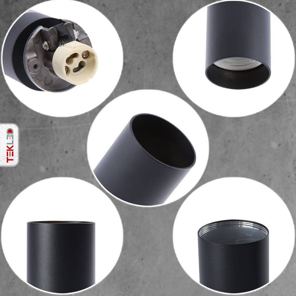 Tomas detalladas del Downlight Cilíndrico Negro para Montaje Superficial con Portalámparas GU10 | TEKLED 172-03020