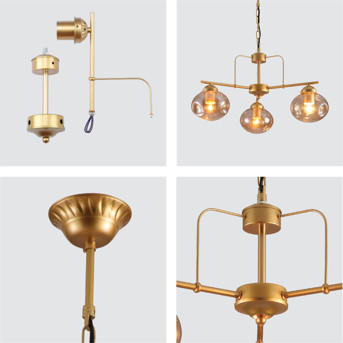 Detailed shots of Gold Metal Rod Arm Amber Globe Glass Ceiling Light with E27 Fittings | TEKLED 159-17644