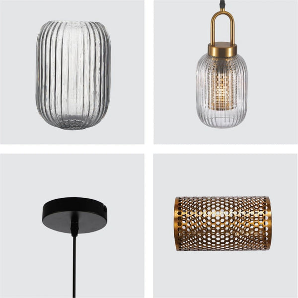 Detailed shots of Sawyer Ribbed Fluted Reeded Maloto Lantern Clear Glass Pendant Ceiling Light E27 Gold Handled  | TEKLED 150-18700
