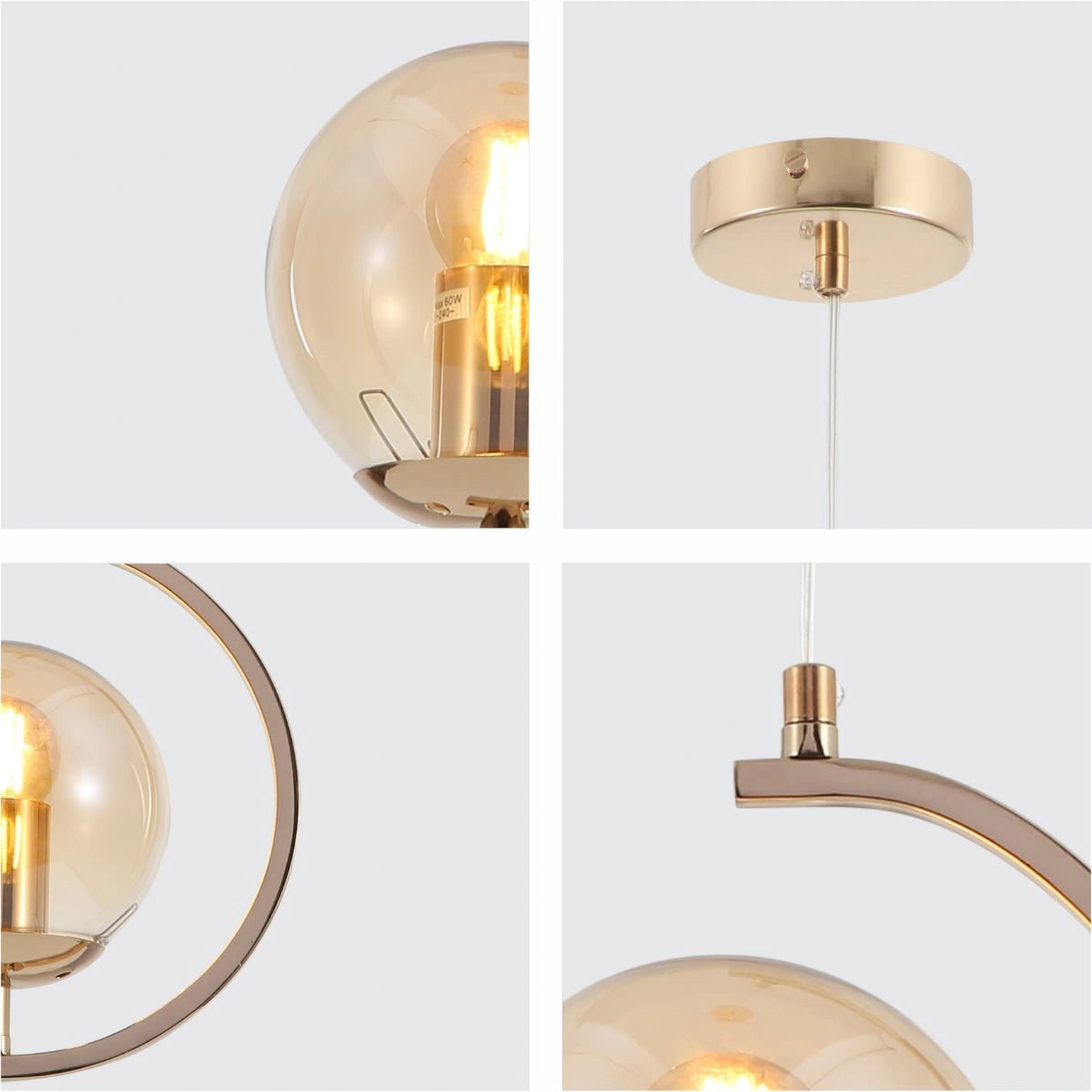 Detailed shots of Amber Globe Glass Crescent Gold Metal Modern Ceiling Pendant Light E27 | TEKLED 159-17792