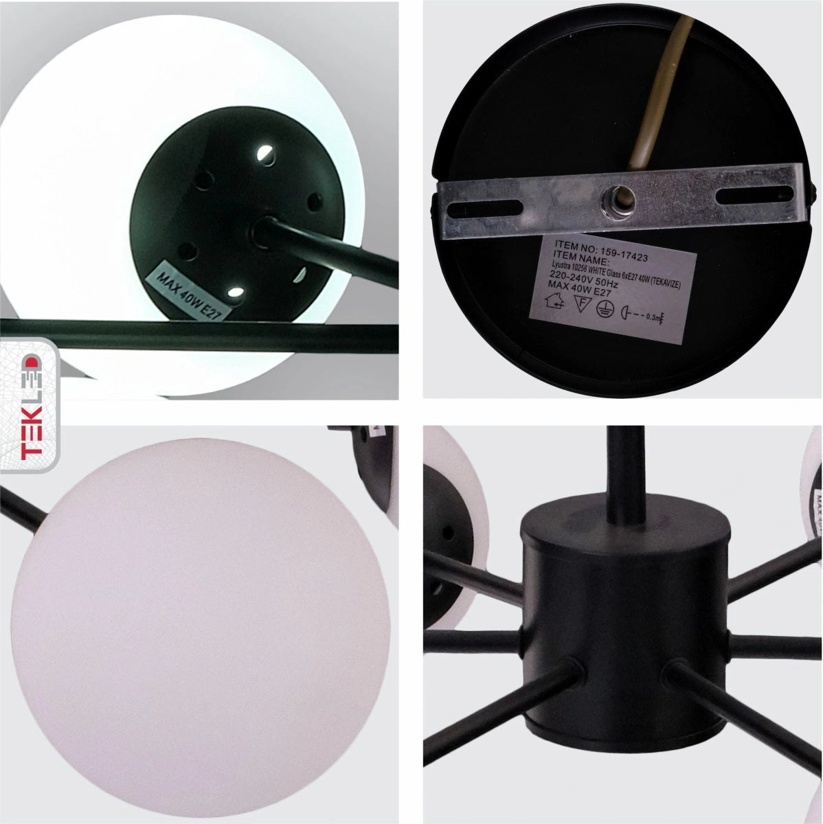 Detailed shots of Snowflake Opal Globe Glass Black Body Ceiling Light with 6xE27 Fittings | TEKLED 159-17423