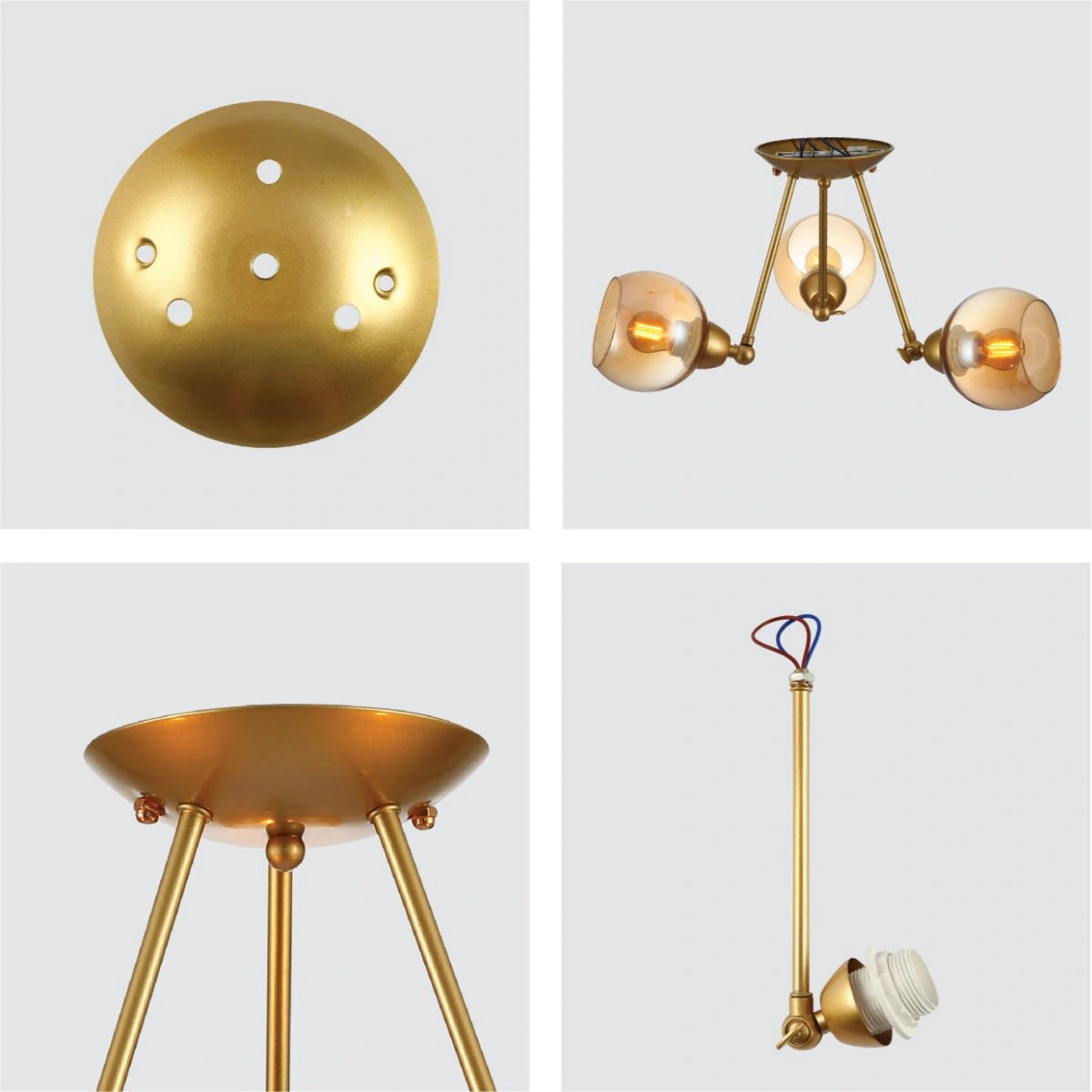 Detailed shots of Gold Hinged Metal Amber Dome Glass Ceiling Light with E27 Fittings | TEKLED 159-17648