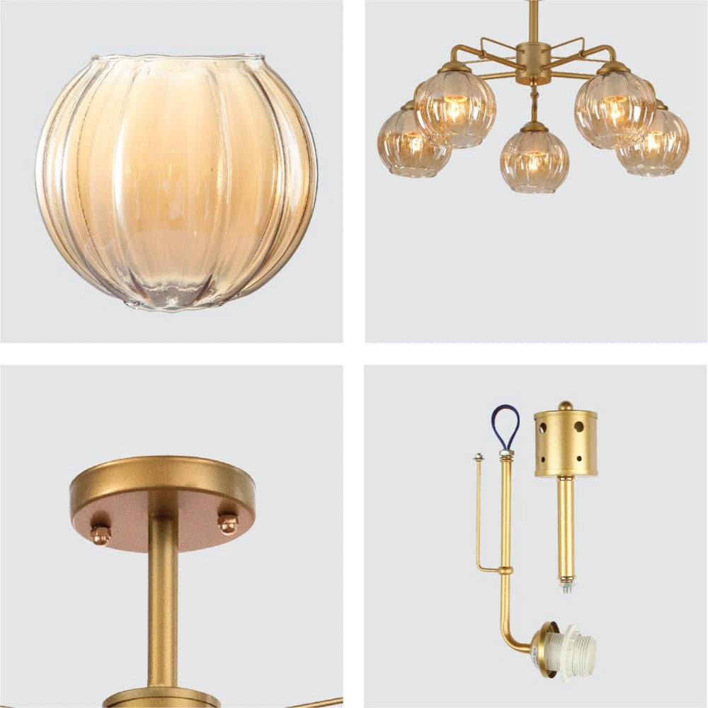 Detailed shots of Amber Reeded Globe Glass Gold Metal Industrial Vintage Retro Semi Flush Ceiling Light with E27 Fittings | TEKLED 159-17654