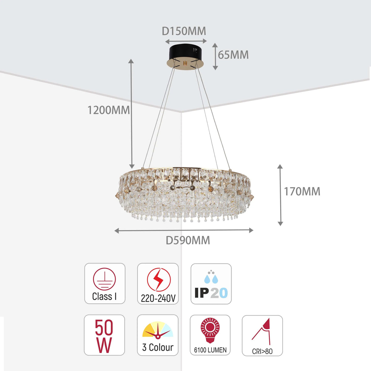 Crystal Gold Ceiling Lampara decorativa, Modelo Light Q89109 85 watts 3 Colour D600mm