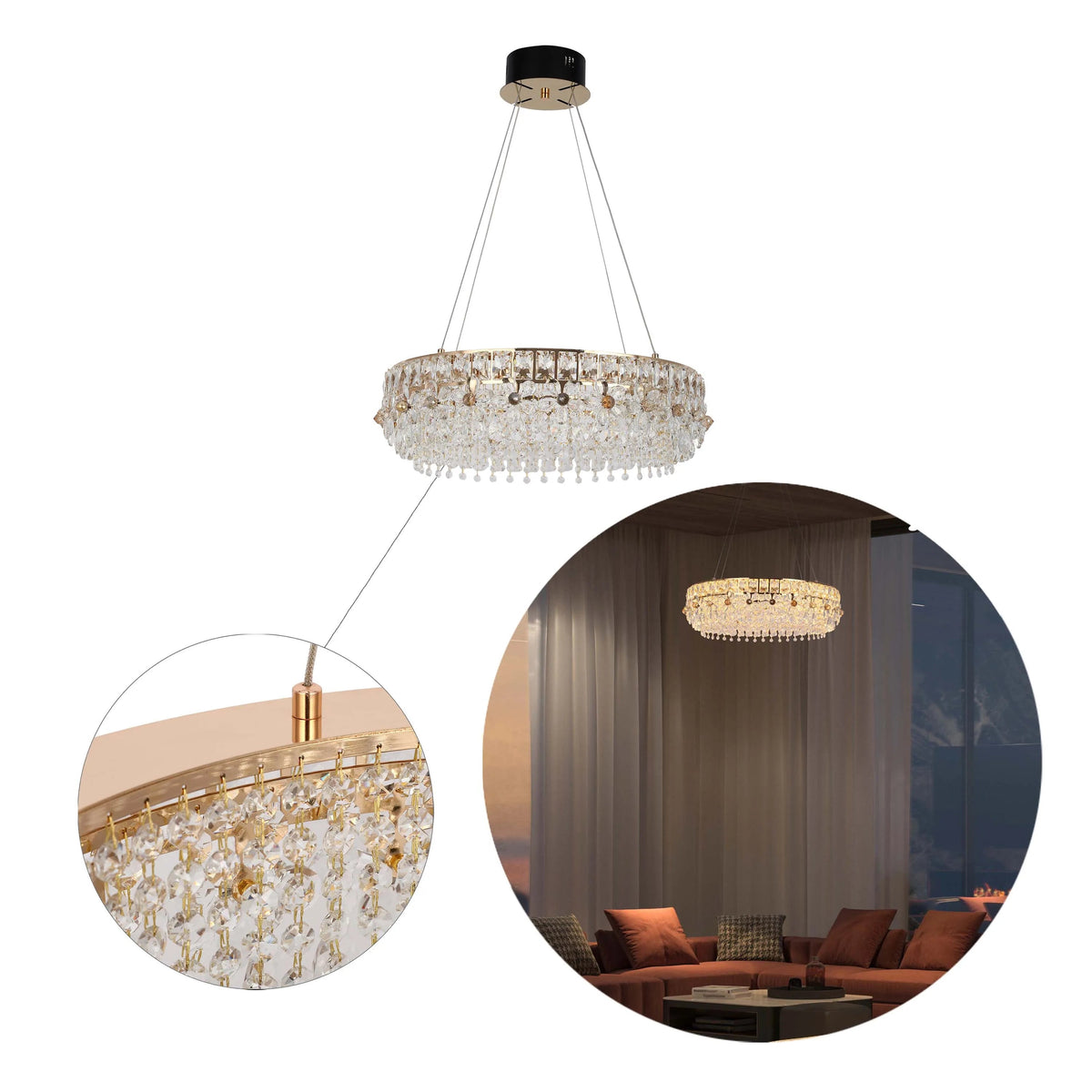 Crystal Gold Ceiling Lampara decorativa, Modelo Light Q89109 85 watts 3 Colour D600mm