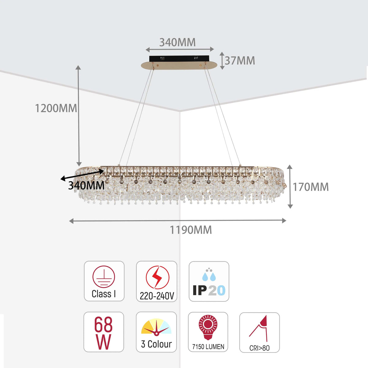 Crystal Gold Ceiling Lampara decorativa, Modelo Light Q89109 85 watts 3 Colour  L 1200mm