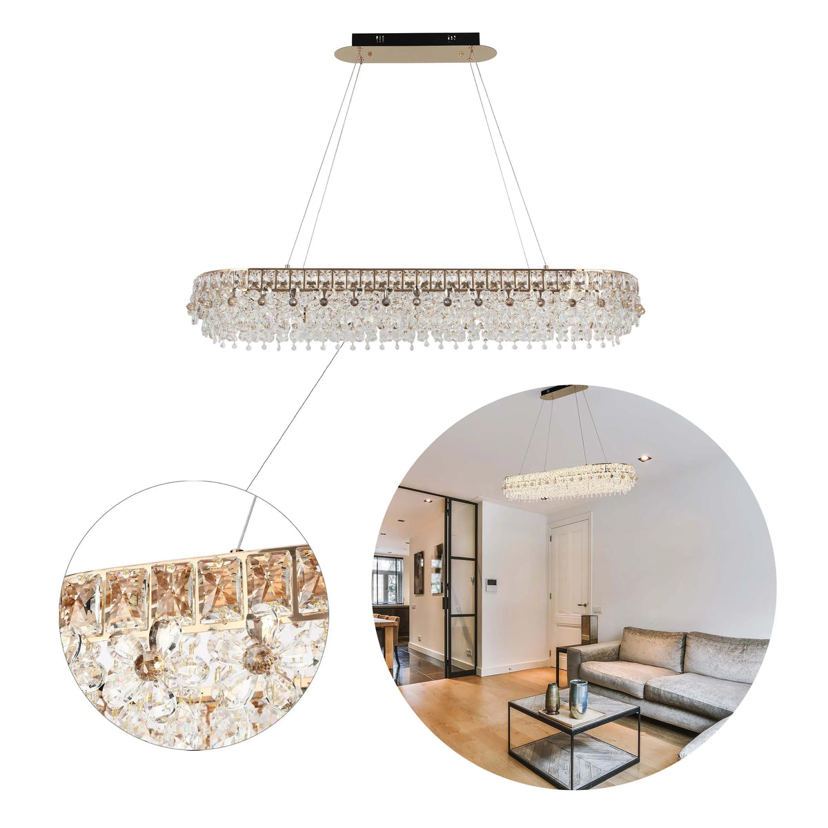 Crystal Gold Ceiling Lampara decorativa, Modelo Light Q89109 85 watts 3 Colour  L 1200mm